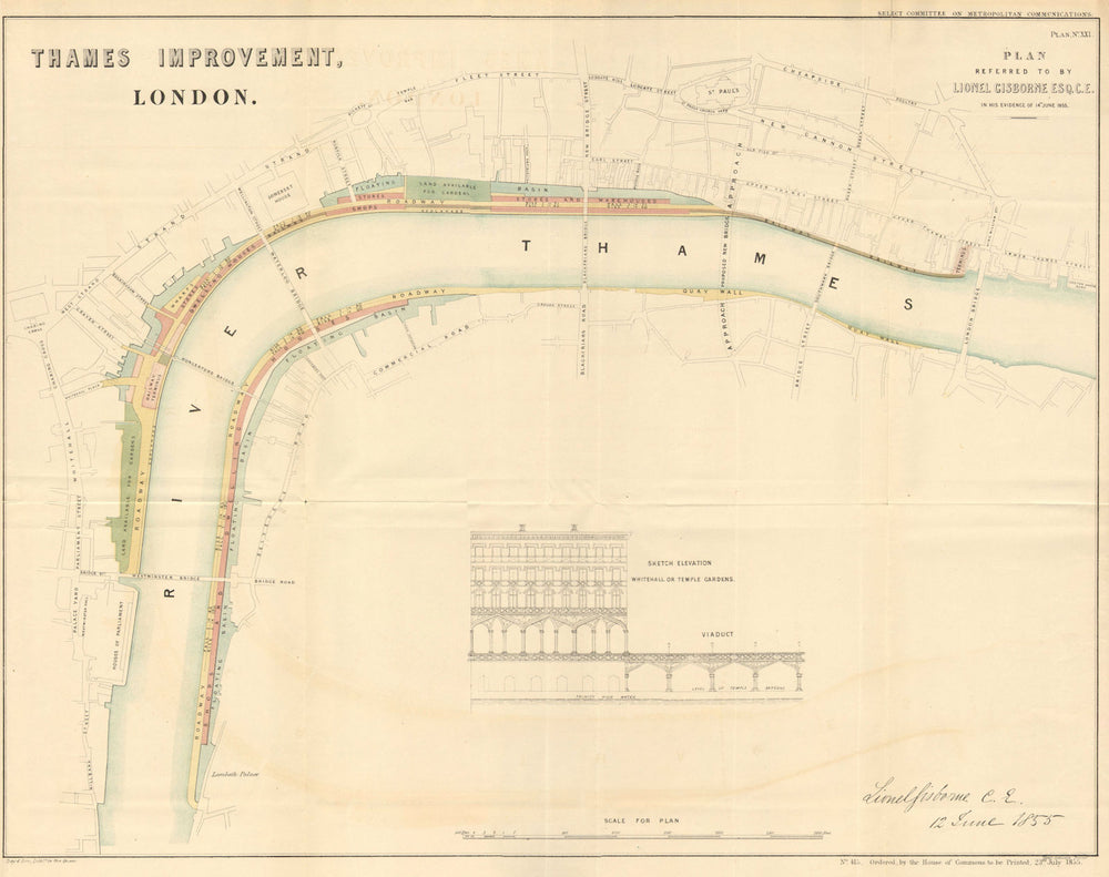 Proposed THAMES & ALBERT EMBANKMENT plans retaining wharves. GISBORNE 1855 map
