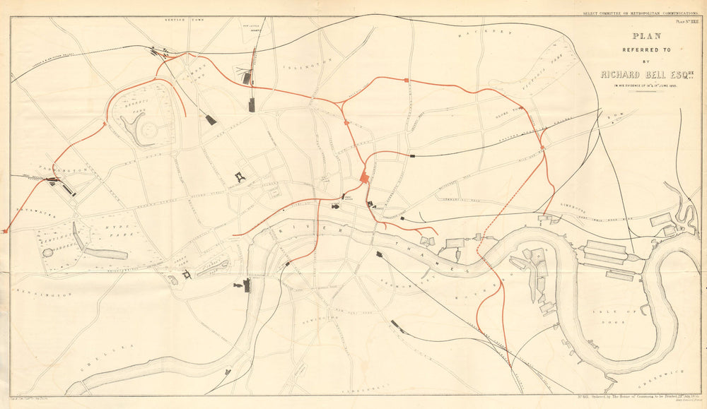 Proposed London railways along REGENT'S CANAL route. RICHARD BELL 1855 old map