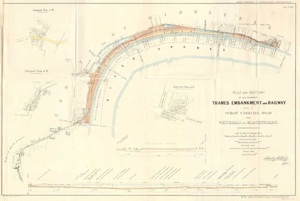 Proposed THAMES EMBANKMENT road & railway. Retains Wharves.HENRY BIRD 1855 map