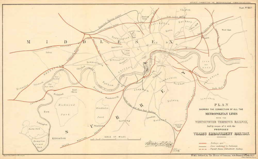 Proposed WESTMINSTER TERMINUS/THAMES EMBANKMENT DISTRICT RAILWAYS 1855 old map
