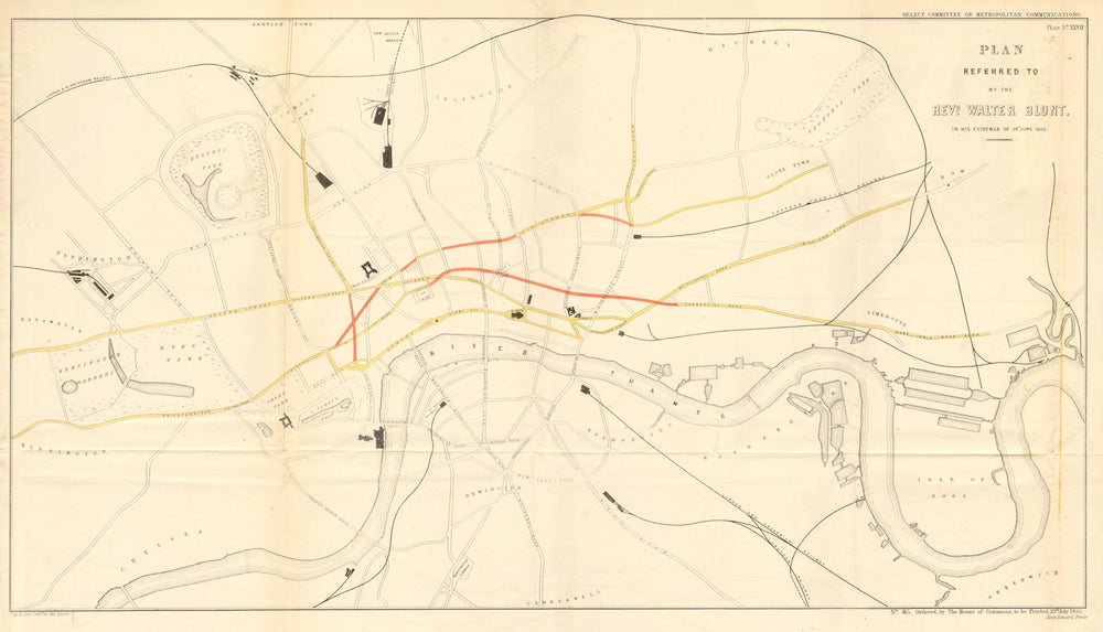 Proposals for Charing Cross/Clerkenwell/Theobolds Road Shaftesbury Av 1855 map