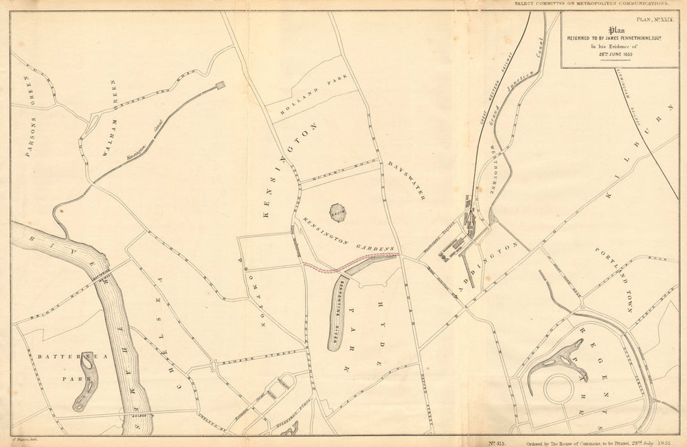 Proposed Road through KENSINGTON GARDENS. Hyde Park. PENNETHORNE 1855 old map