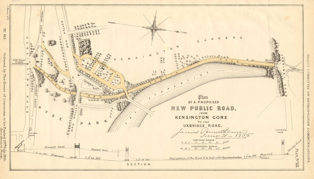 Proposed KENSINGTON GARDENS road Ken. Gore-Bayswater Rd. PENNETHORNE 1855 map
