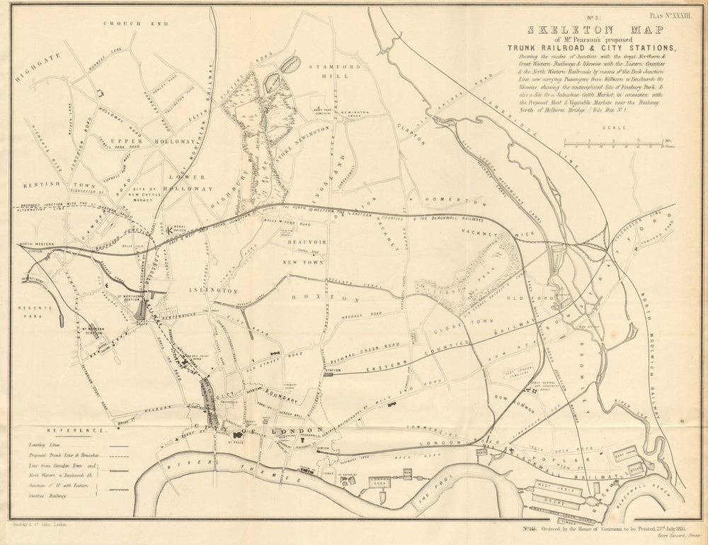 CHARLES PEARSON's railway link King's Cross-City Terminus/Farringdon 1855 map