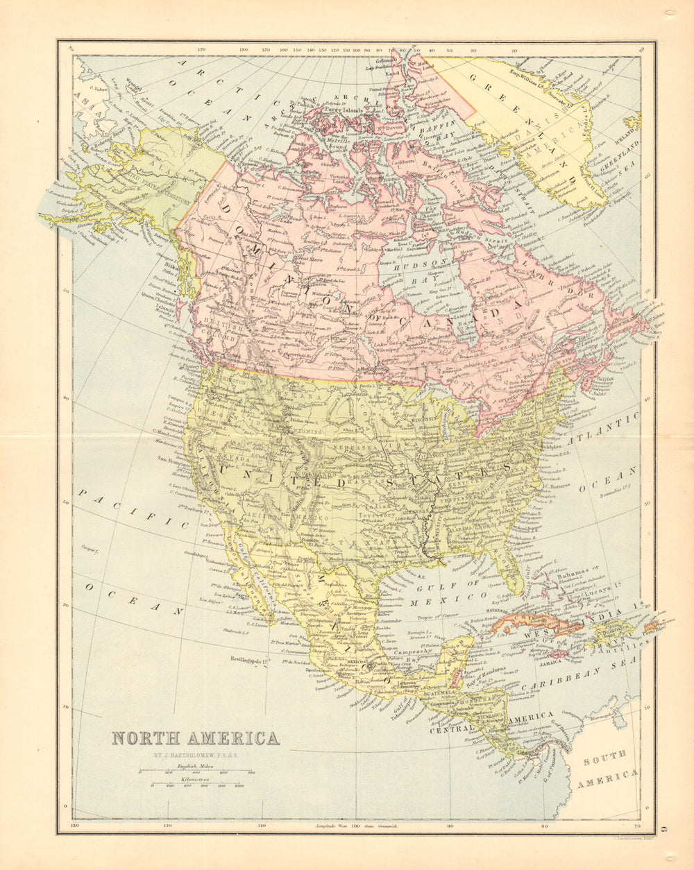 NORTH AMERICA. Shows part of Greenland as Canadian. BARTHOLOMEW 1876 old map