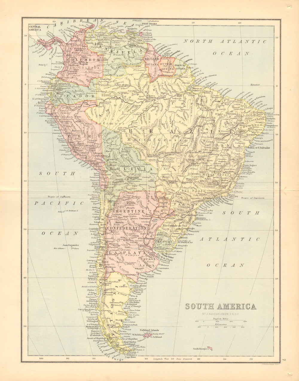 SOUTH AMERICA. Bolivia with littoral/sea coast. Patagonia. BARTHOLOMEW 1876 map