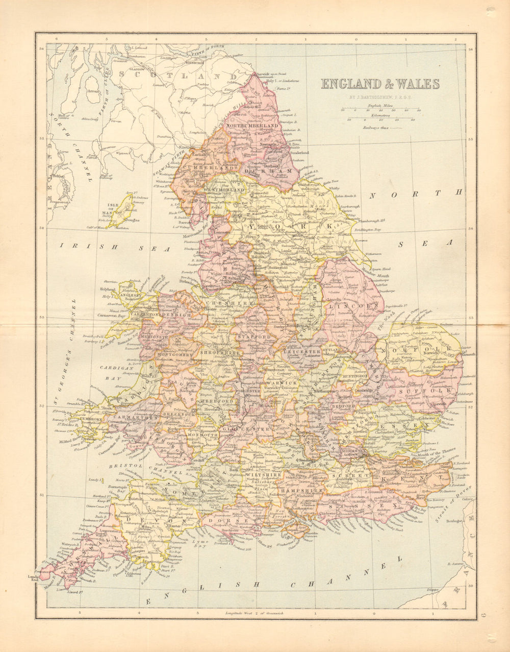 GREAT BRITAIN. 'England & Wales'. Counties. Railways. BARTHOLOMEW 1876 old map