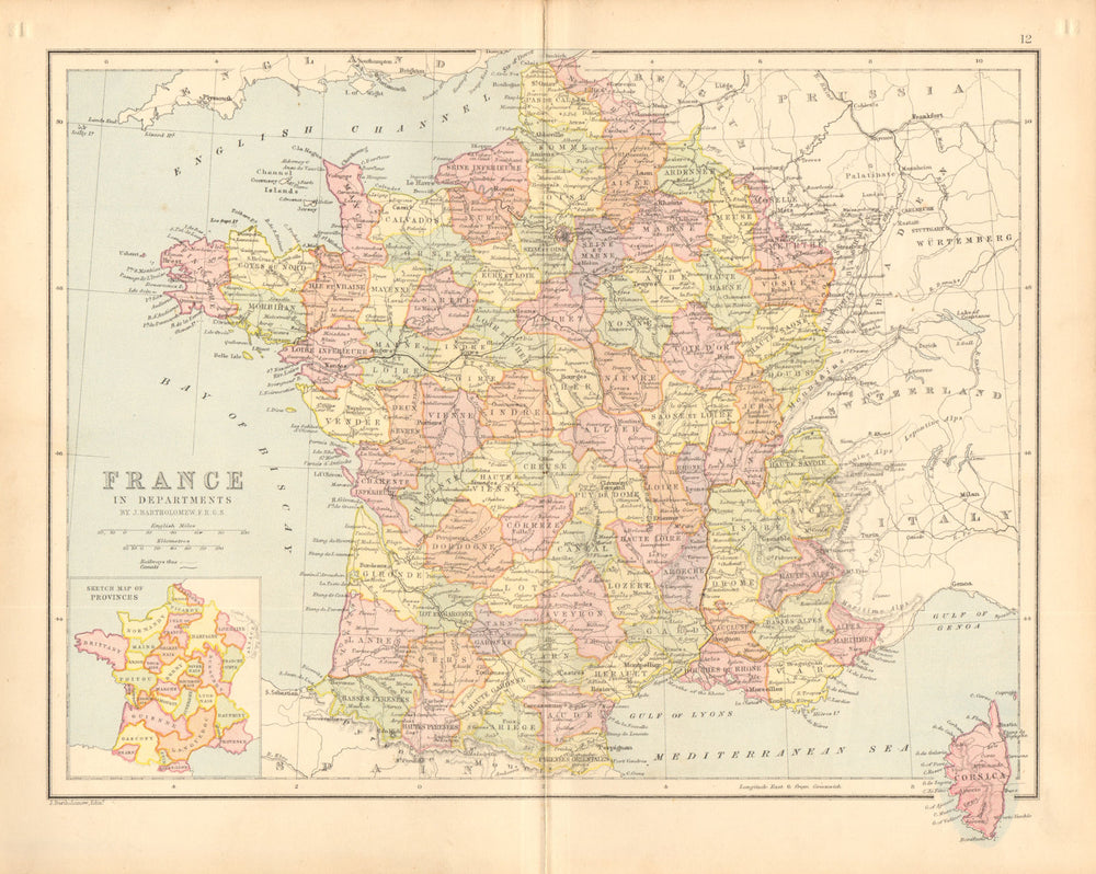 'France in Departments'. w/o Alsace Lorraine & Menton. BARTHOLOMEW 1876 map