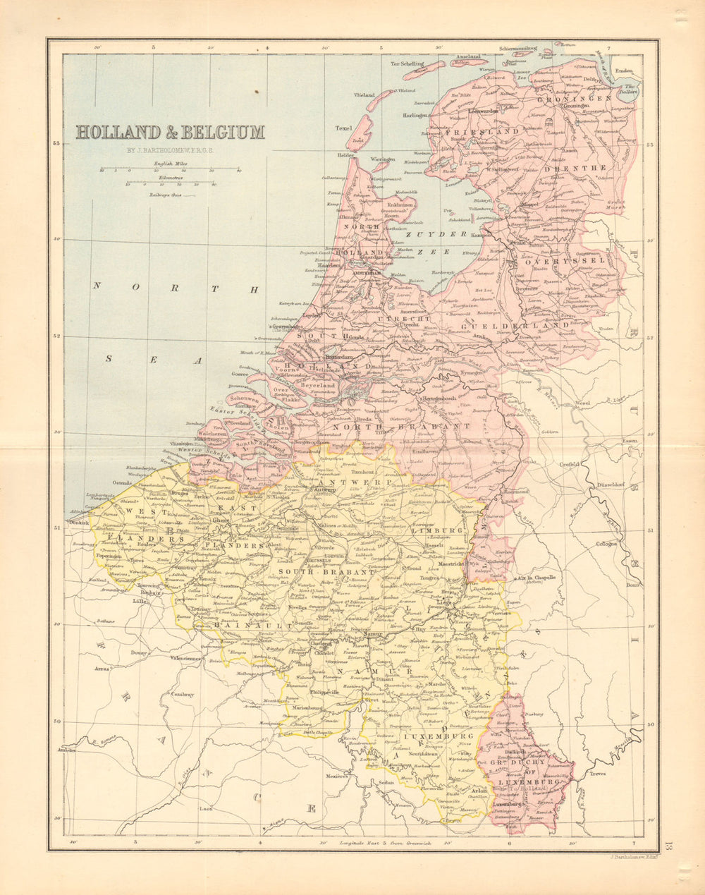 BENELUX. 'Holland & Belgium'. Luxembourg. BARTHOLOMEW 1876 old antique map