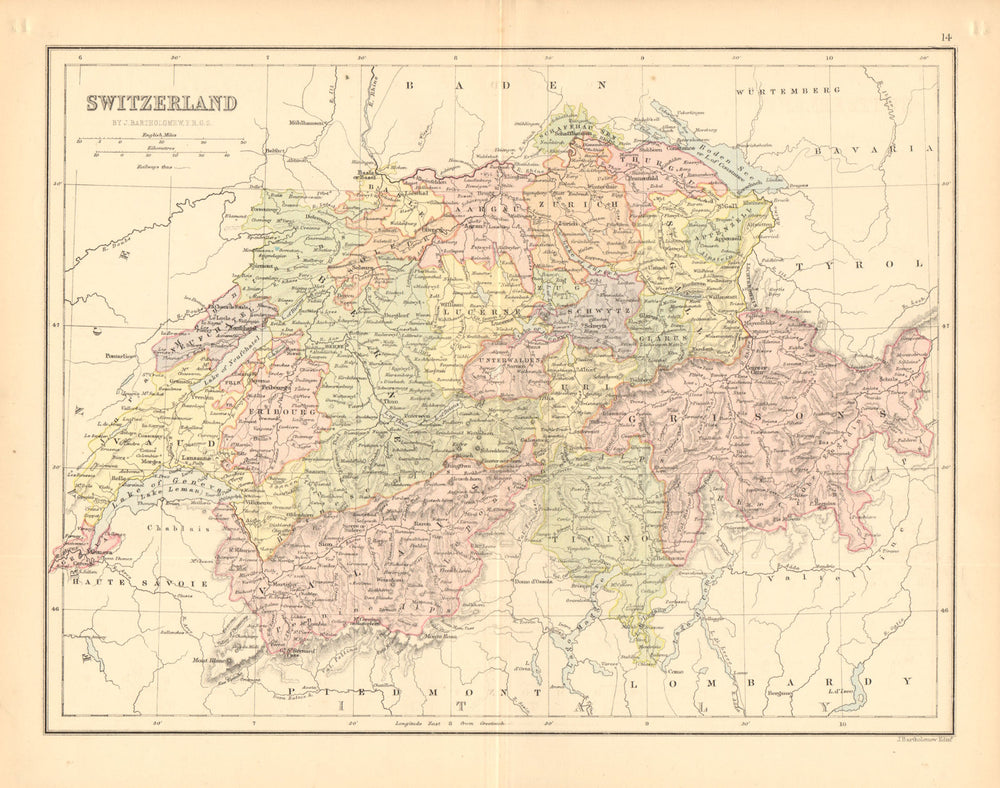 'Switzerland'. Cantons. Railways. BARTHOLOMEW 1876 old antique map plan chart