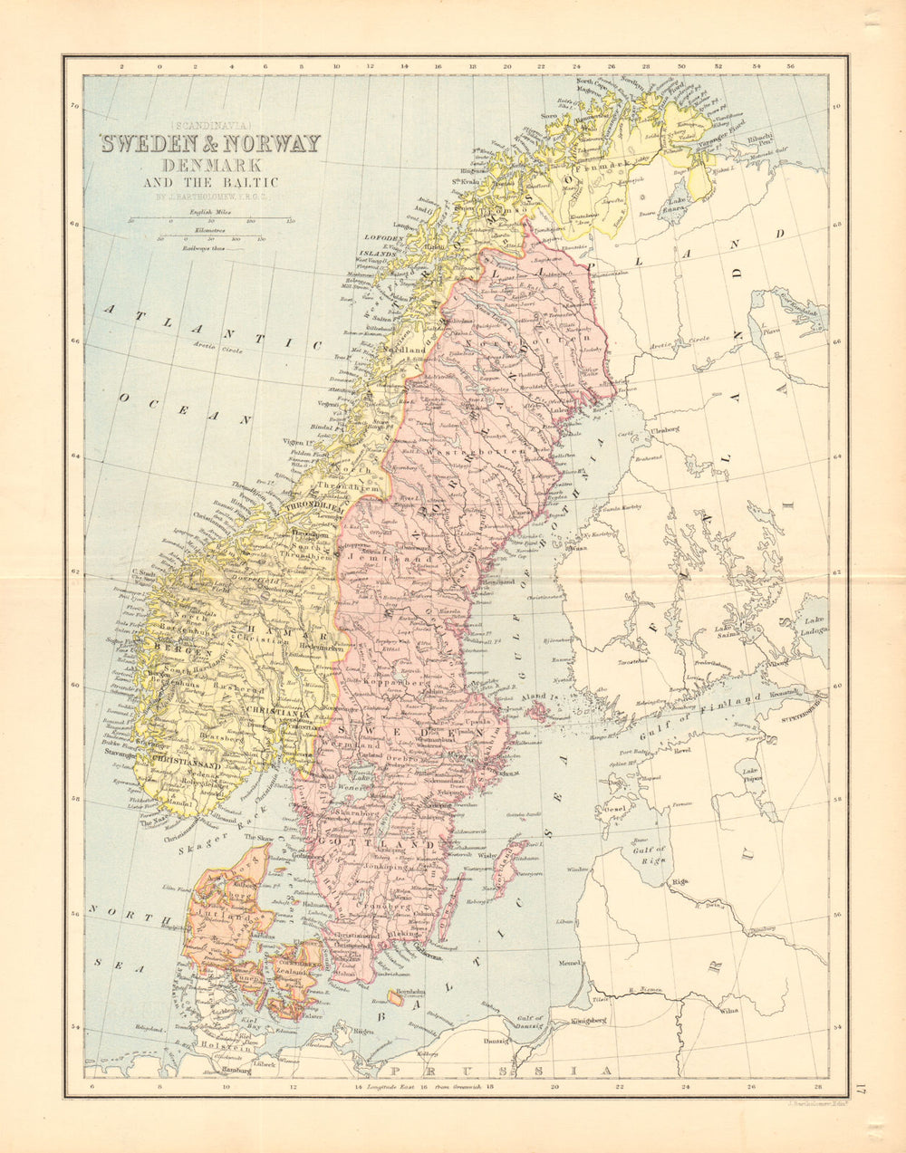 SCANDINAVIA. Sweden Norway Denmark Baltic. Railways. BARTHOLOMEW 1876 old map