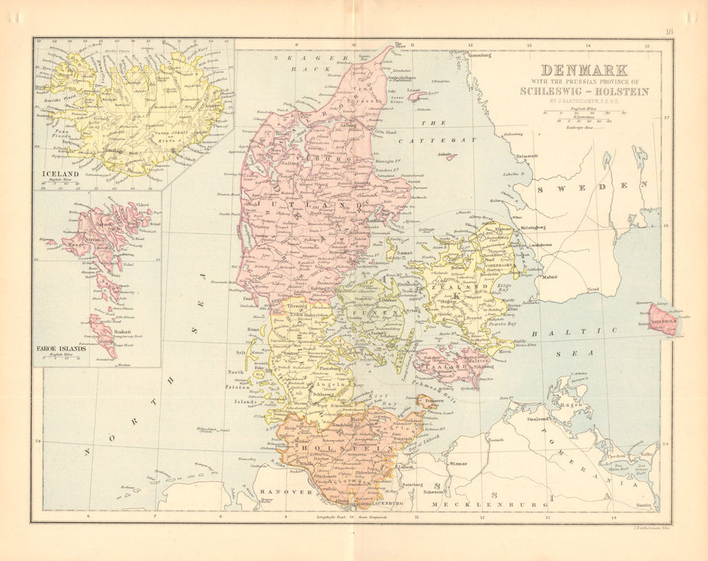 DENMARK. Railways. Iceland Schleswig-Holstein. BARTHOLOMEW 1876 old map