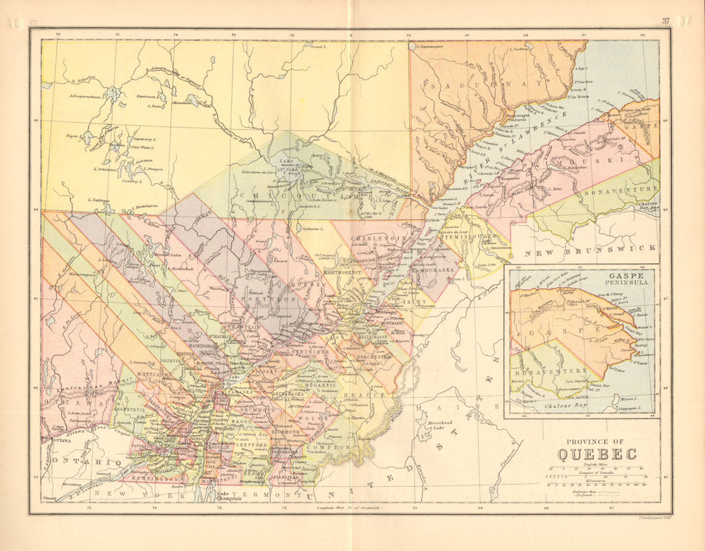 QUEBEC. St Lawrence. Counties. Railways. Canada. BARTHOLOMEW 1876 old map