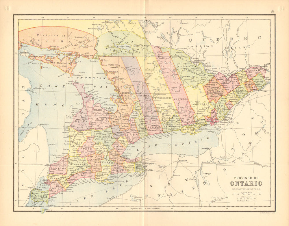 CANADA. 'Province of Ontario'. Counties. Railways. Districts 1876 old map
