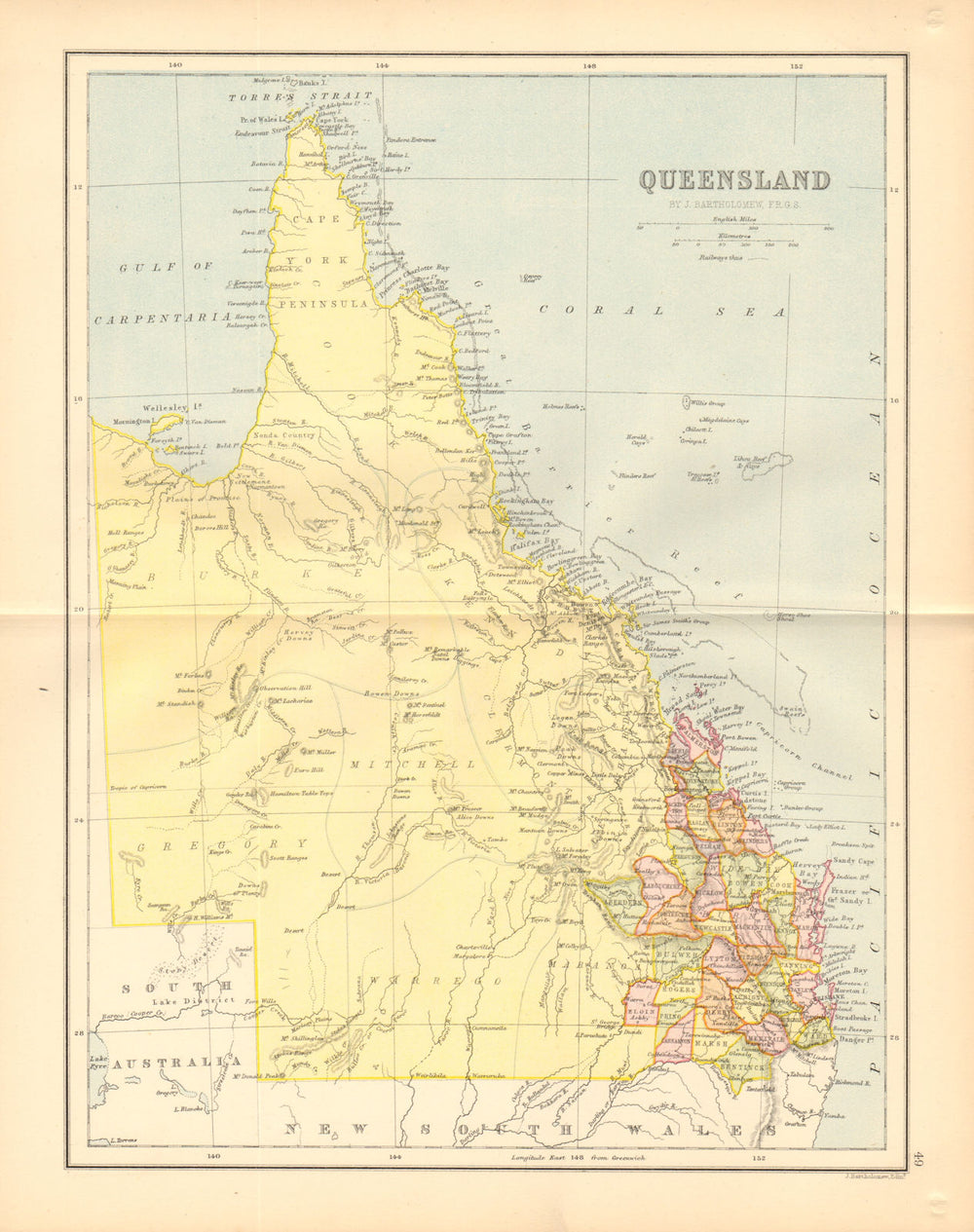 QUEENSLAND. State map shows 37 counties. Railways. Brisbane. Australia 1876