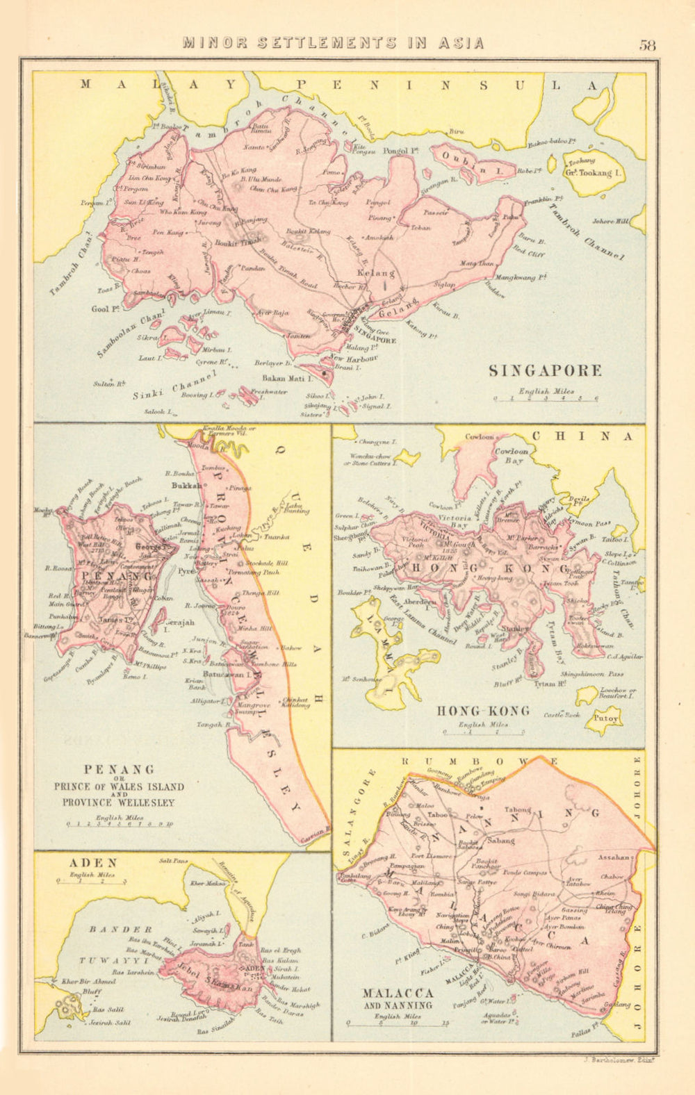BRITISH EAST ASIAN COLONIES. Singapore Penang Hong Kong Malacca 1876 old map