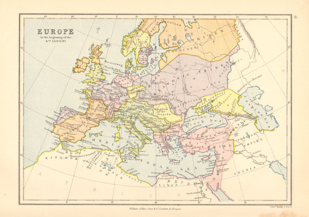 'Europe in the beginning of the 6th Century'. BARTHOLOMEW 1876 old antique map