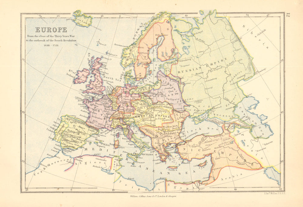 EUROPE 1648-1789. End of the Thirty years war to the French Revolution 1876 map