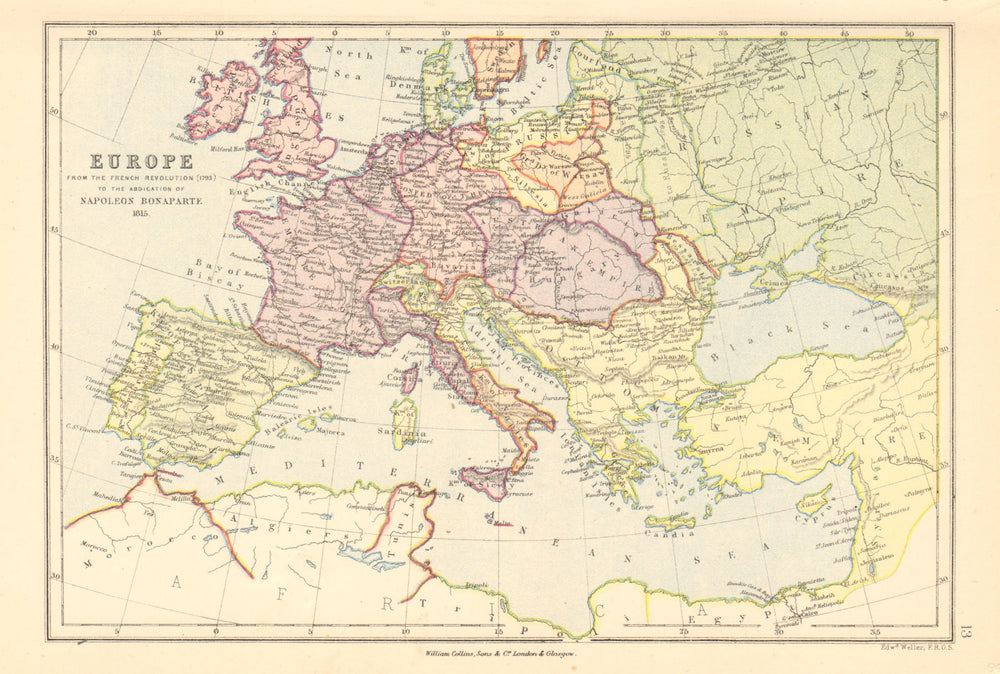NAPOLEONIC EUROPE. French Revolution 1793- Bonaparte's abdication 1815 1876 map