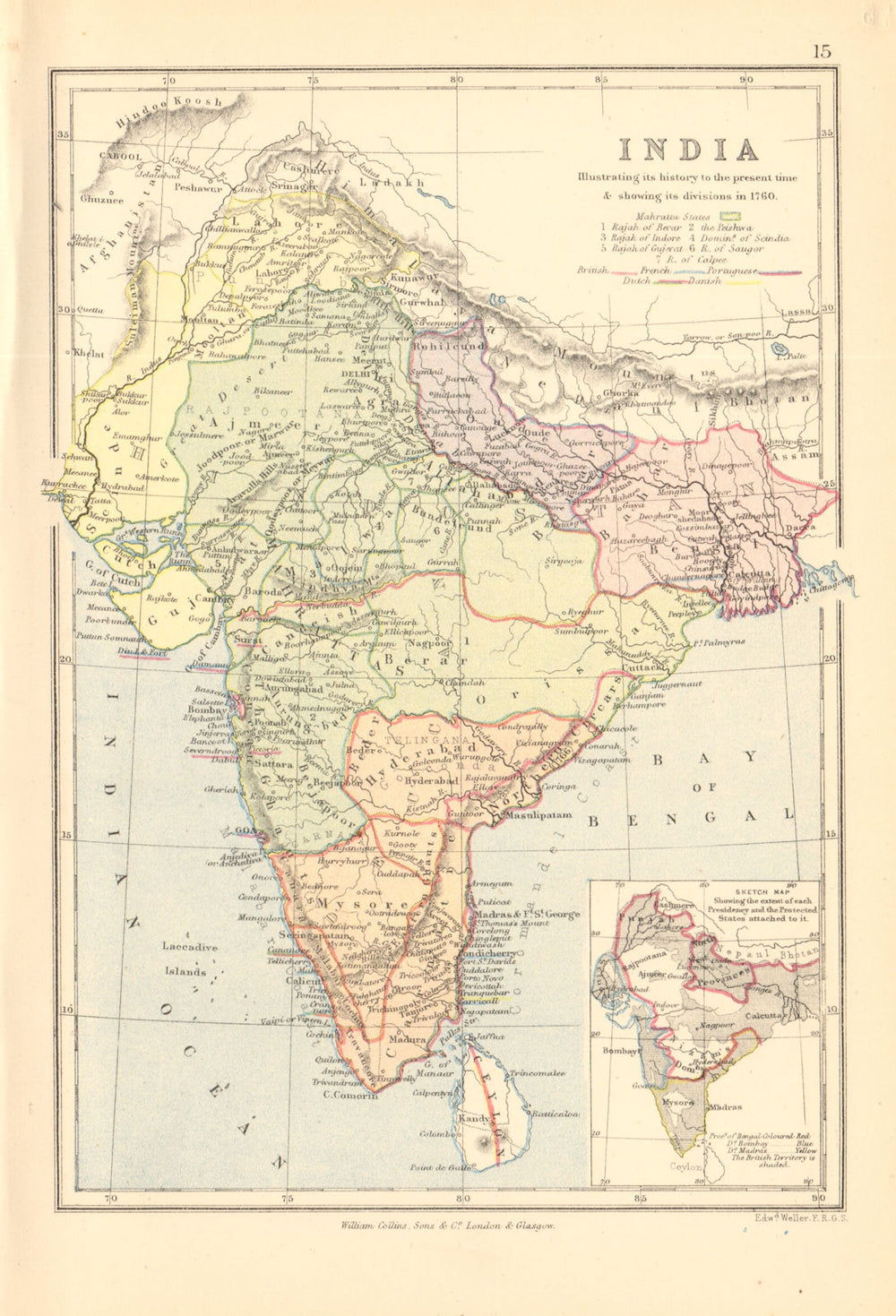 INDIA IN 1760. British French Dutch Portuguese Danish. BARTHOLOMEW 1876 map