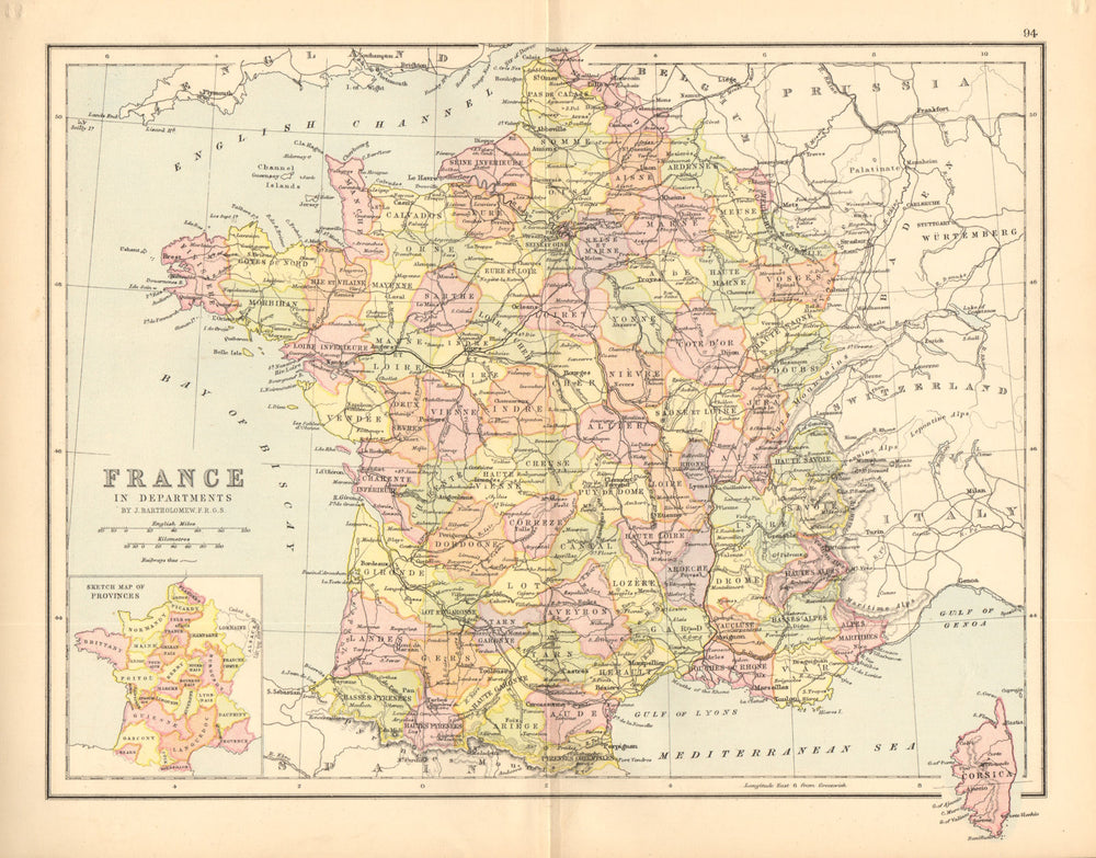 'France'. Railways. Departements. BARTHOLOMEW 1876 old antique map plan chart
