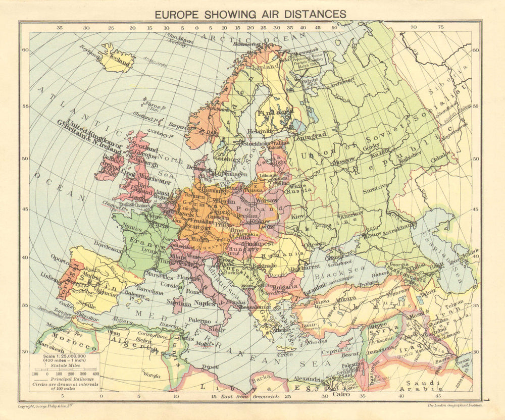 SECOND WORLD WAR. Europe showing air distances. Occupied Poland 1940 old map