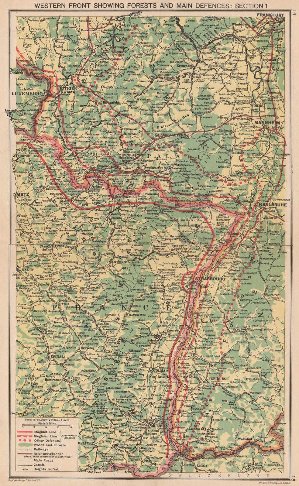 WORLD WAR 2. Maginot & Siegfried line defences. Pre-invasion of France 1940 map