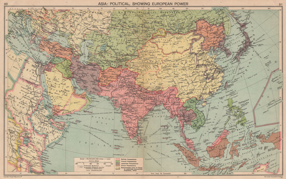 WW2 ASIA. European colonies. Japanese occupied China. Manchukuo 1940 old map