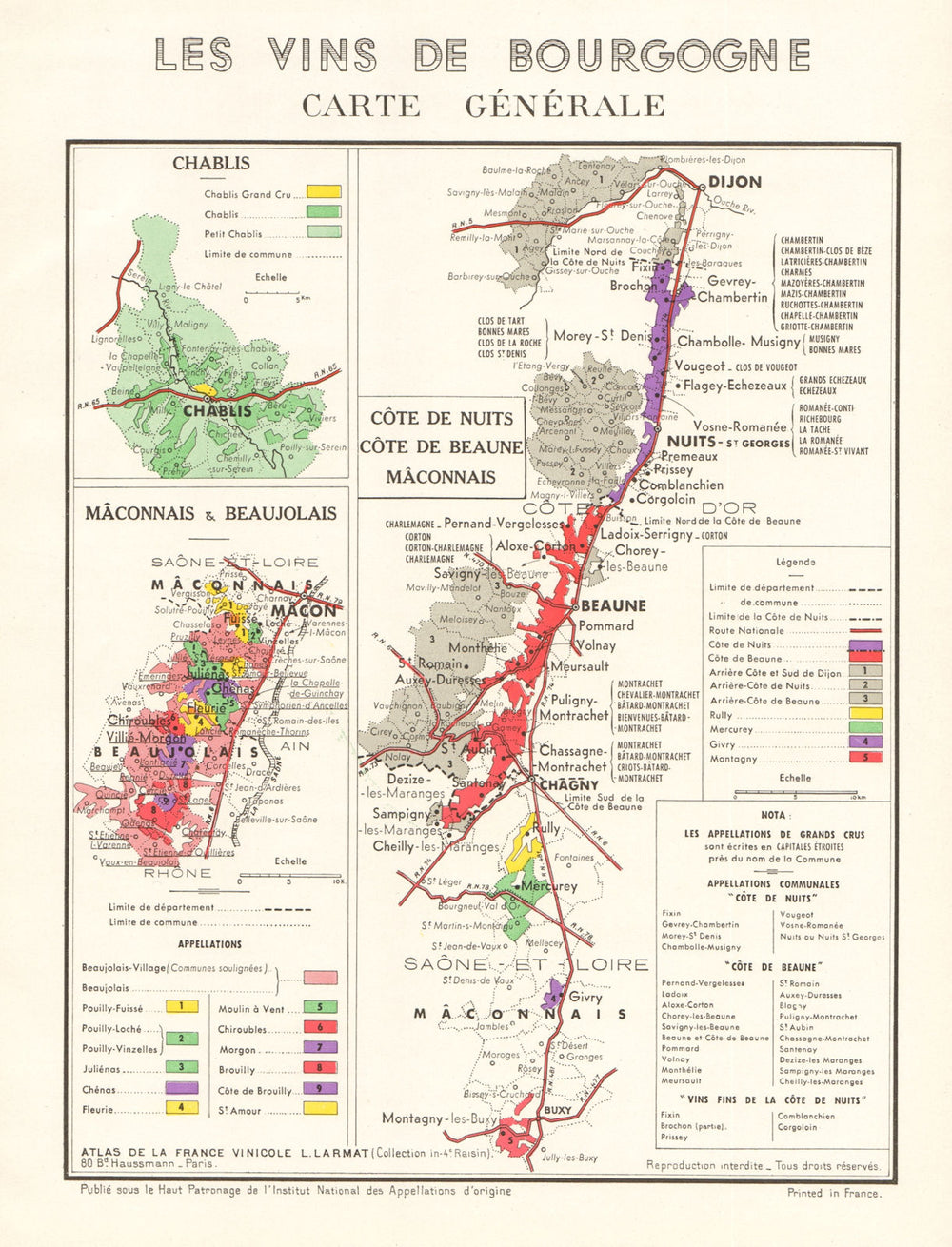 BURGUNDY BOURGOGNE WINE MAP Carte Générale. Côte de Nuits Beaune &c. LARMAT 1953