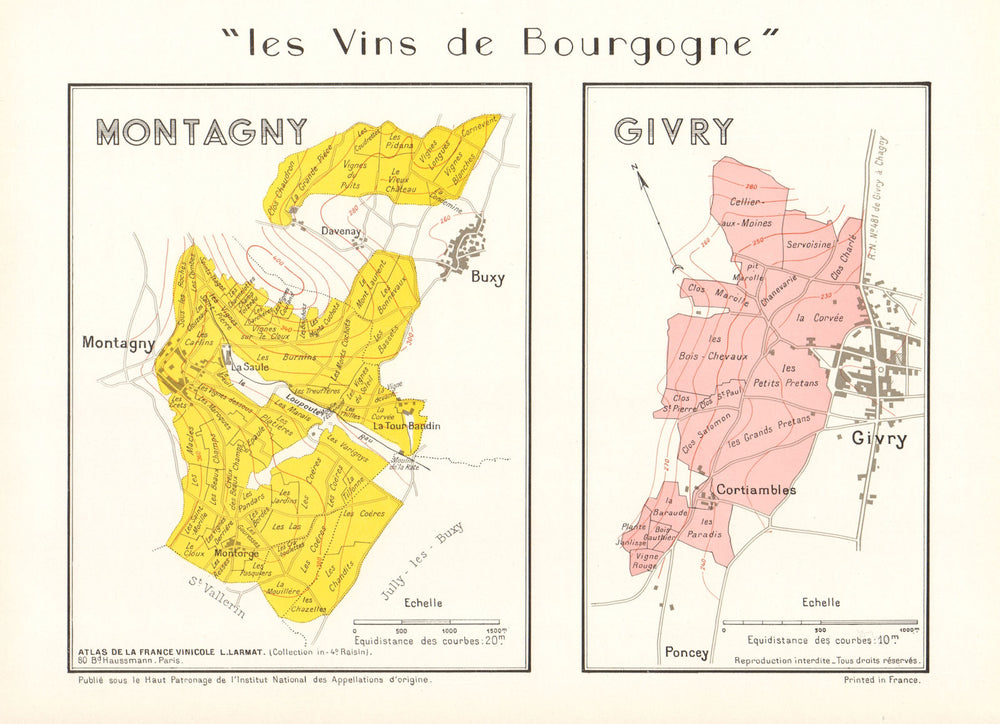 BURGUNDY BOURGOGNE VINEYARD MAP Montagny Givry AOC Côte Chalonnaise. LARMAT 1953