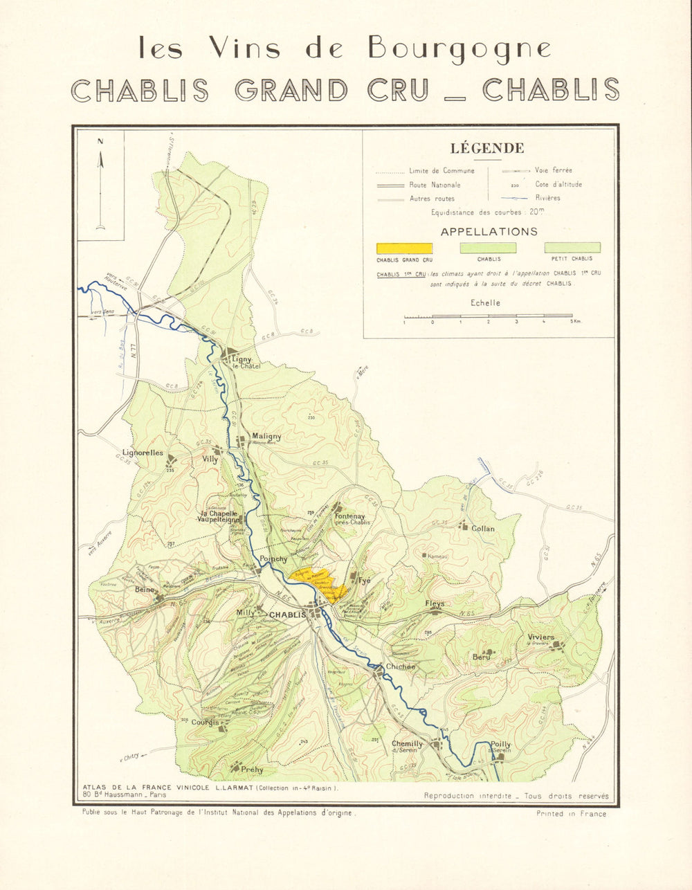 BURGUNDY BOURGOGNE WINE MAP Chablis Appellations vineyards vignobles LARMAT 1953