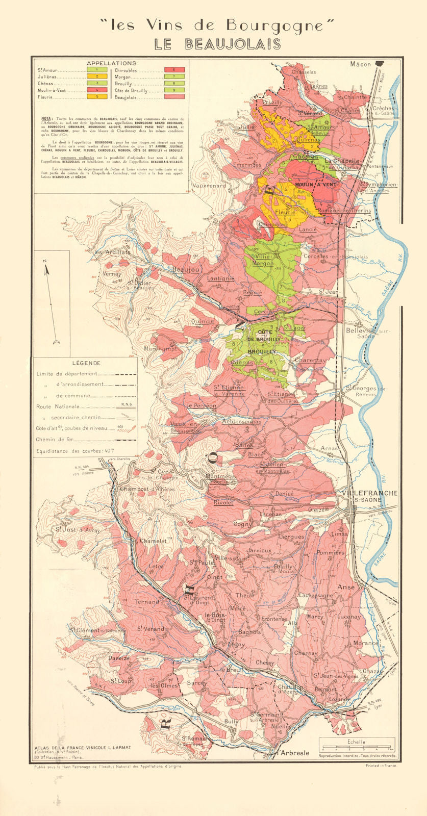 BURGUNDY BOURGOGNE WINE MAP Beaujolais appellations.Fleurie Brouilly LARMAT 1953