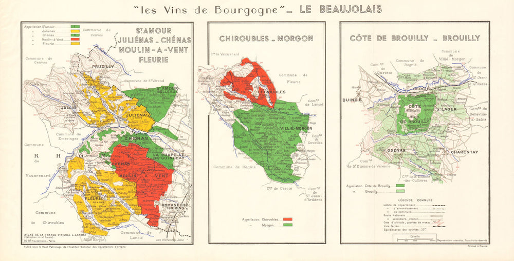 BURGUNDY BOURGOGNE WINE MAP Beaujolais vineyards vignobles AOCs. LARMAT 1953