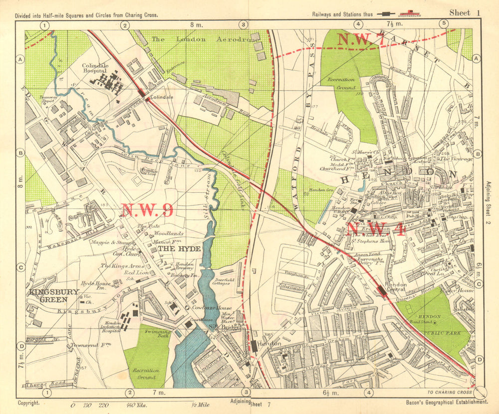 NW LONDON. Hendon Aerodrome Kingsbury Green The Hyde. BACON 1928 old map