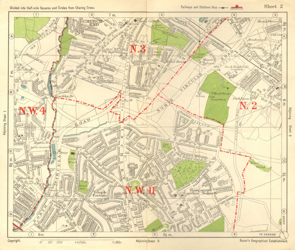 NW LONDON. Church End Hampstead Garden Suburb East Finchley. BACON 1928 map