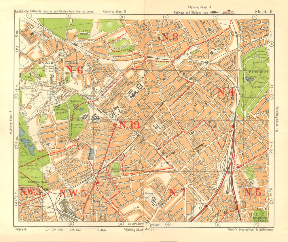 N LONDON. Highgate Crouch End Holloway Finsbury Park Gospel Oak. BACON 1928 map
