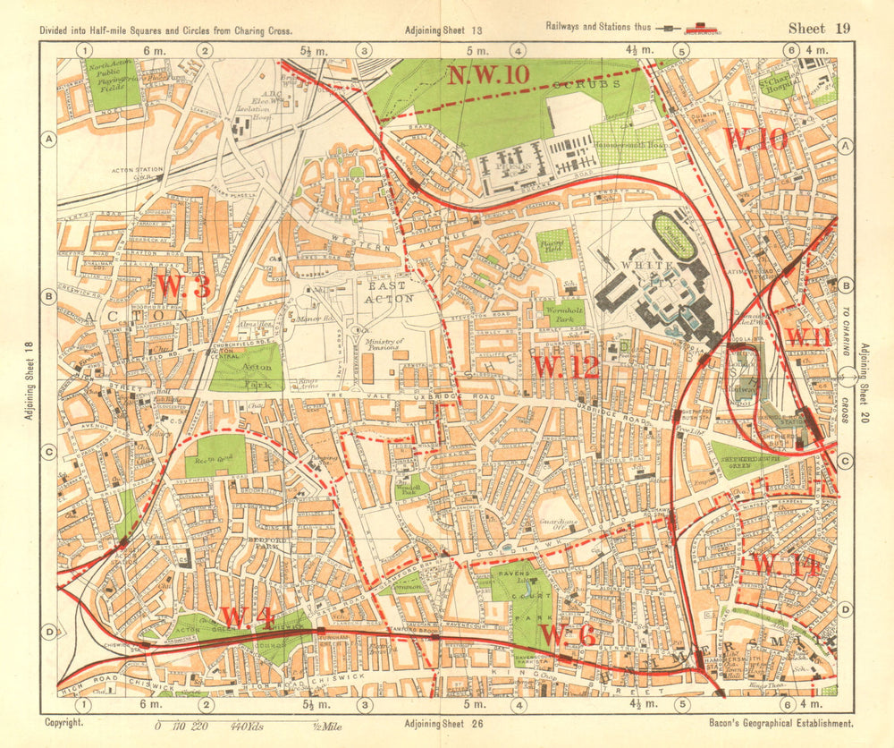 W LONDON. Acton Shepherd's Bush Brook Green West Kensington. BACON 1928 map