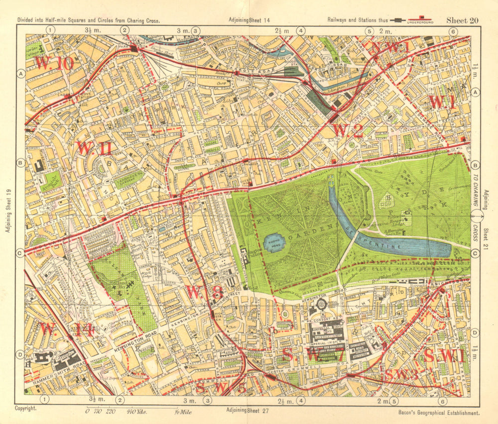 W LONDON. Paddington South Kensington Bayswater Notting Hill. BACON 1928 map