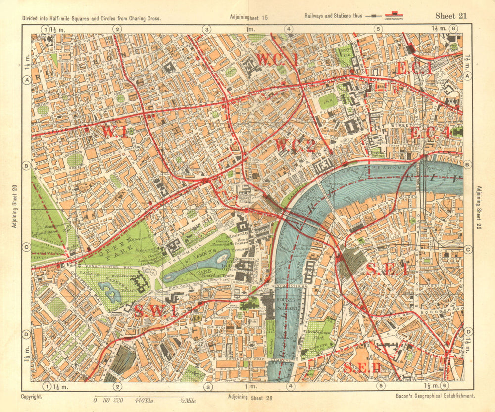 LONDON WEST END. Soho Mayfair Marylebone Lambeth Holborn. BACON 1928 old map