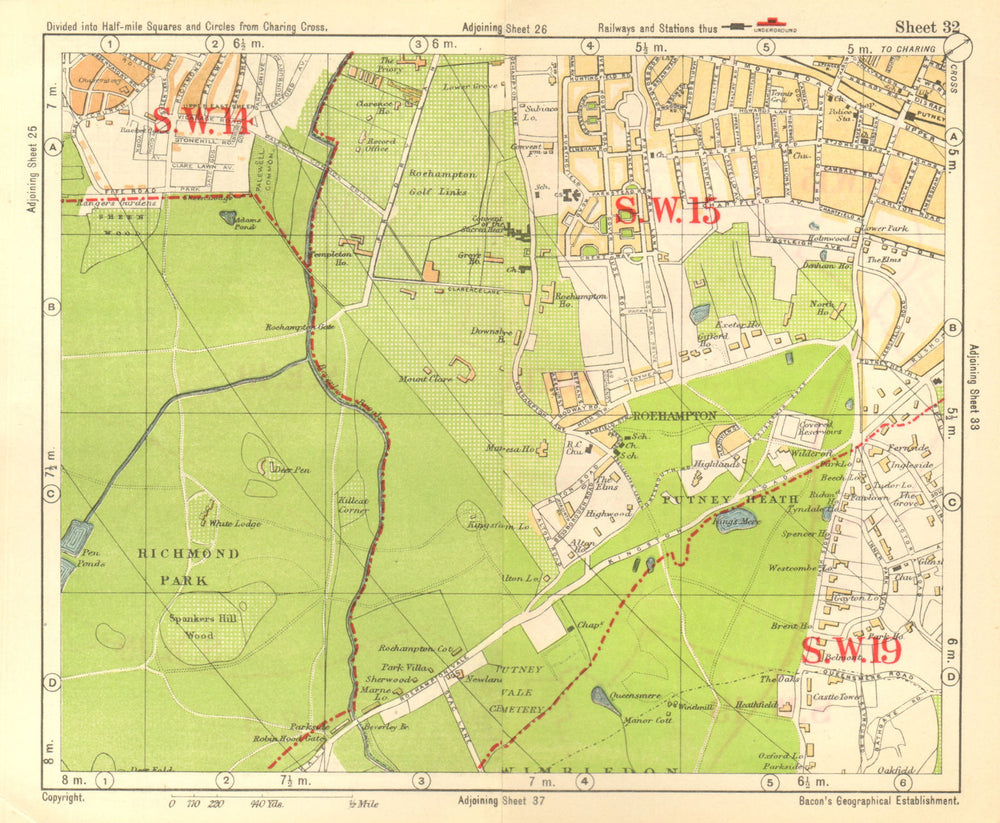 SW LONDON. Putney Roehampton Richmond Park Wimbledon Common. BACON 1928 map