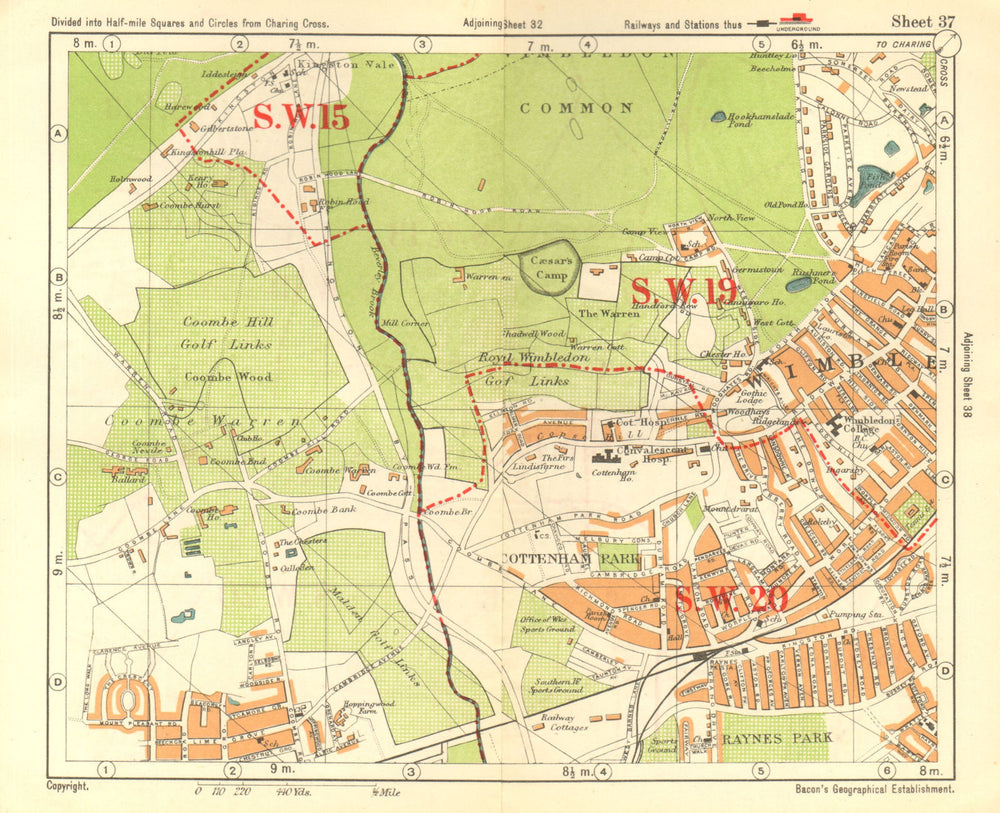 SW LONDON. Wimbledon Common Cottenham Park Malden Coombe Hill. BACON 1928 map