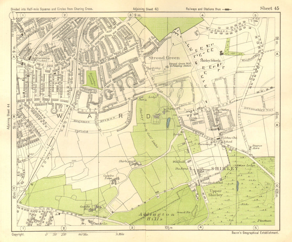 SOUTH EAST LONDON. Shirley Addiscombe E Croydon Stroud Green. BACON 1928 map