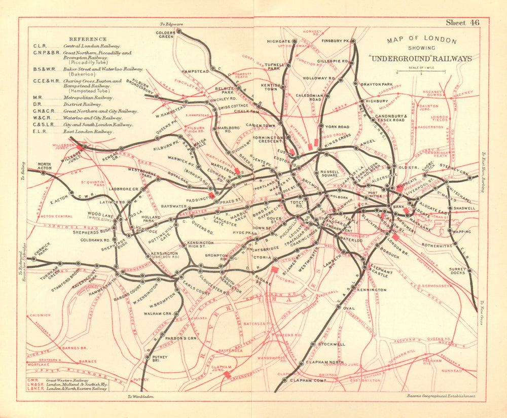 LONDON UNDERGROUND MAP. Tube & railways. BACON 1928 old vintage plan chart