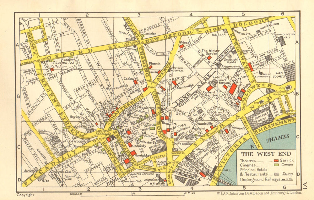 LONDON WEST END. Theatres Cinemas. Principal Hotels Restaurants. BACON 1955 map