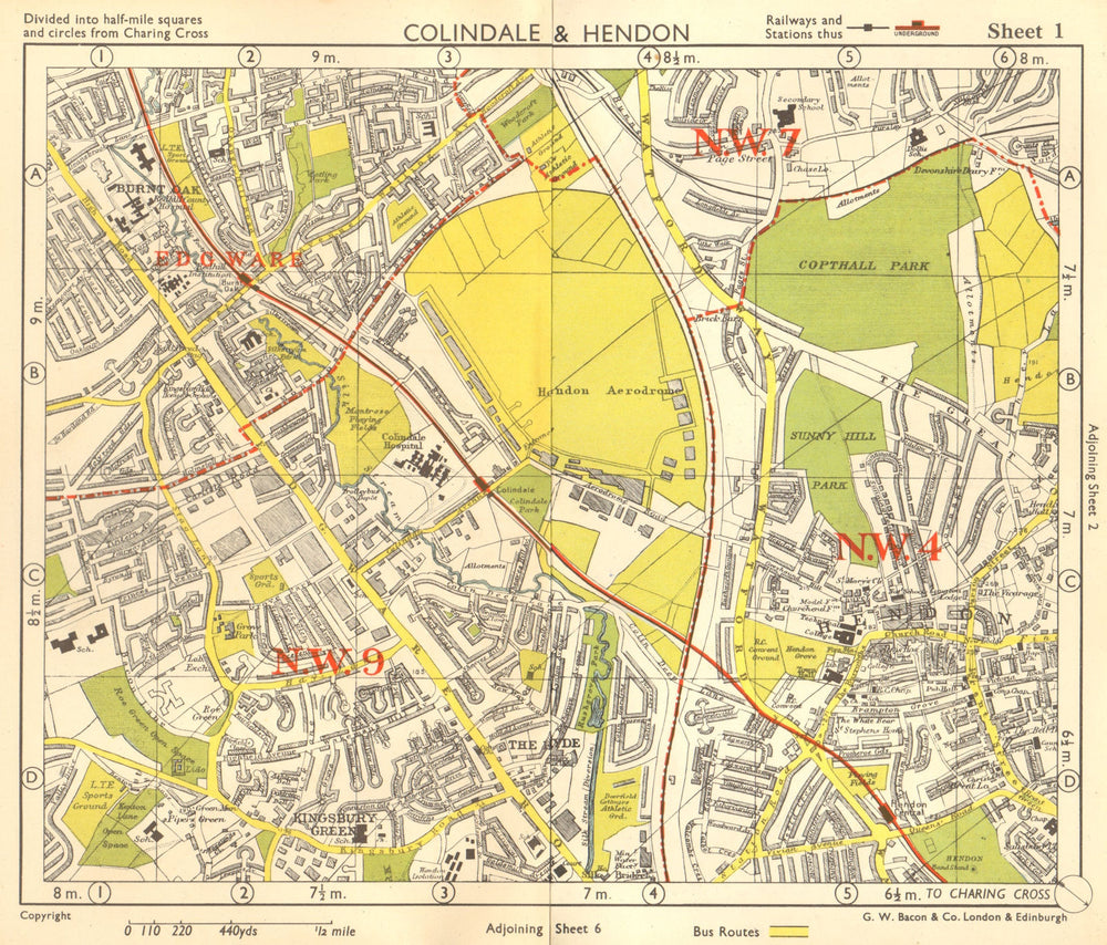 NW LONDON. Colindale Hendon aerodrome Kingsbury Green Burnt Oak. BACON 1955 map