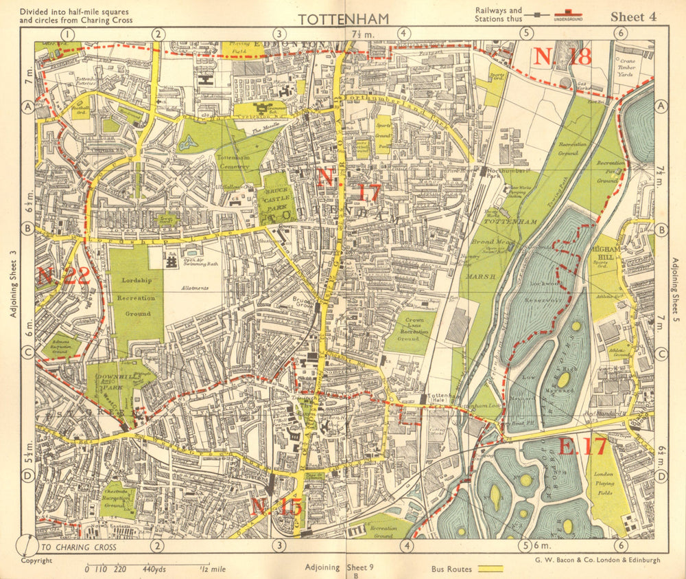 N LONDON Tottenham Edmonton Seven Sisters Higham Hill West Green.BACON 1955 map