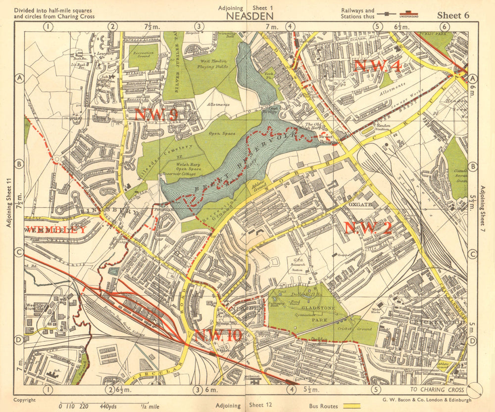NW LONDON. Neasden Cricklewood Hendon Kingsbury Oxgate Brent. BACON 1955 map