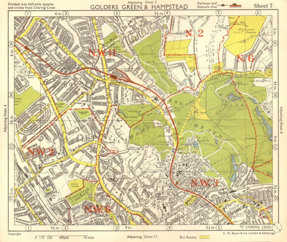NW LONDON. Golders Green Hampstead Child's Hill Cricklewood. BACON 1955 map
