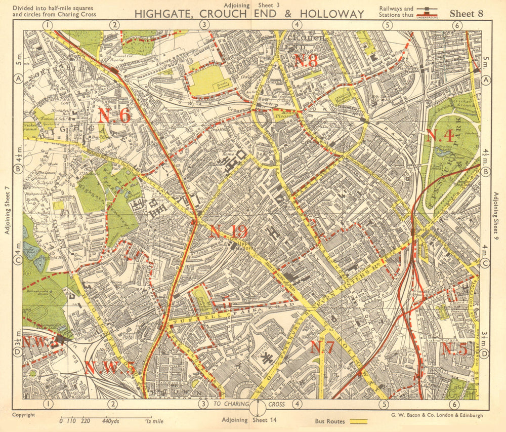 N LONDON. Highgate Crouch End Holloway Finsbury Park Gospel Oak. BACON 1955 map