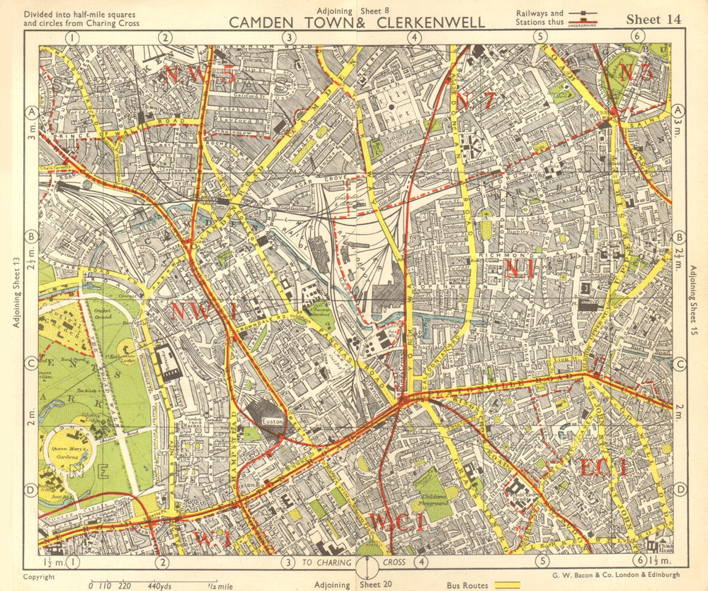 N LONDON. Camden/Kentish Town Clerkenwell Bloomsbury Islington. BACON 1955 map